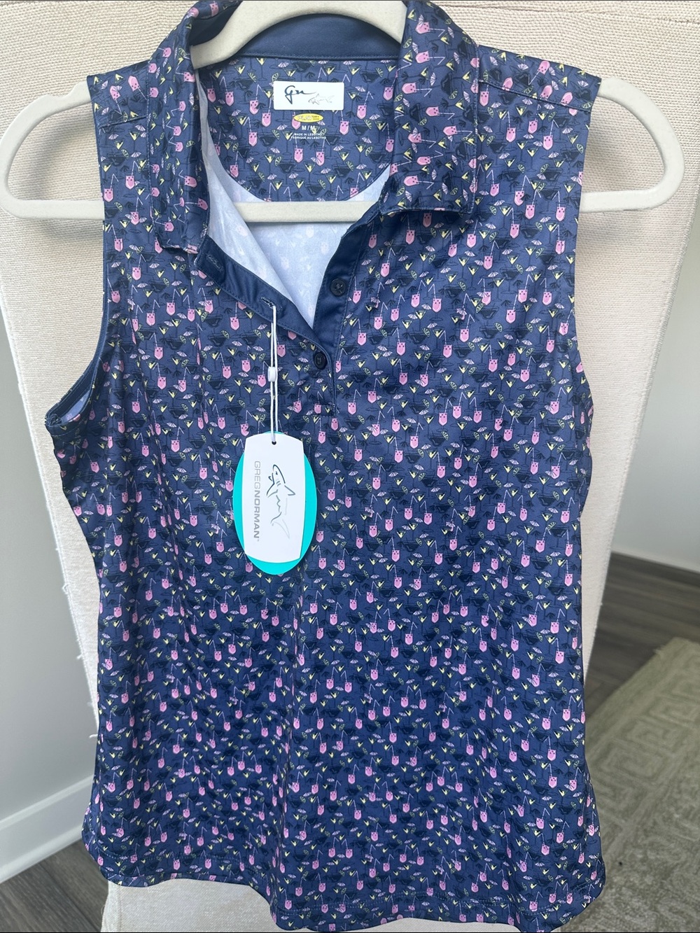 NWT Greg Norman Collection Navy Polo with Pink and Yellow Cocktail Print